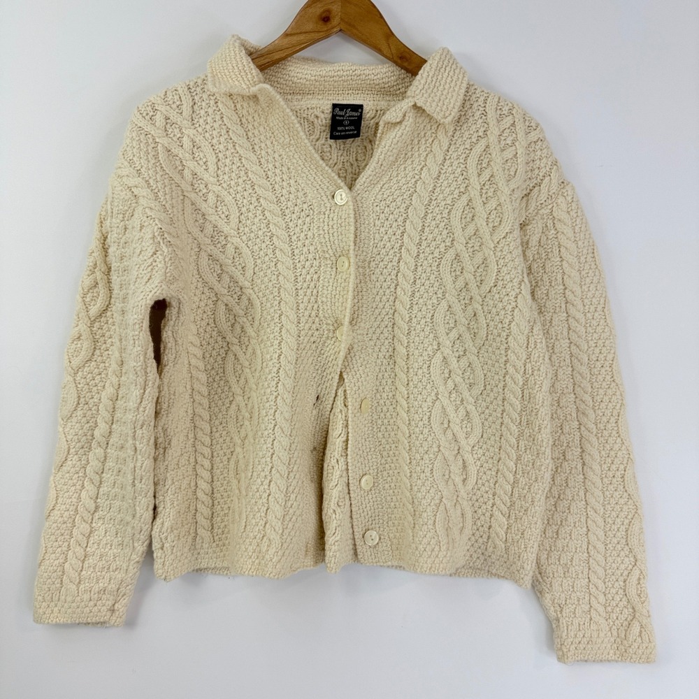 Paul James Cardigan Sweater Women S Cream 100% Wool Cable Knit Made in England